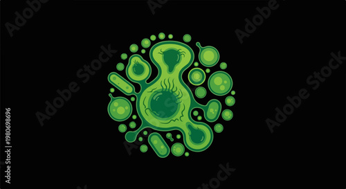 Abstract green microbial cell cluster with circular formations on black