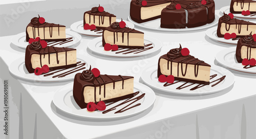 Slices of chocolate-covered cheesecake with cherries and drizzle