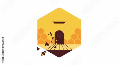 Stylized beehive with bees and honeycomb elements in a hexagon