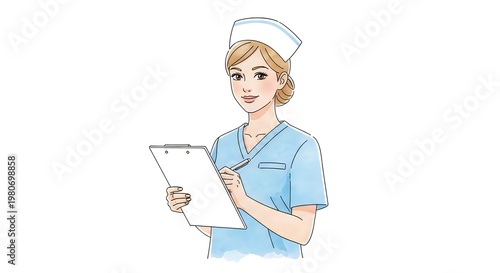 Nurse holding a clipboard and pen looking to the side well being hand drawn white background