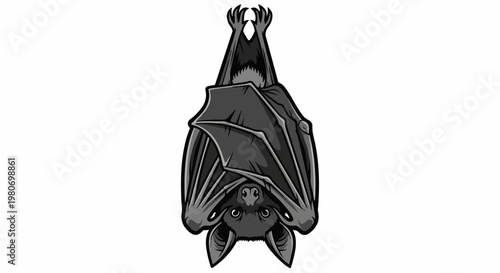A grayscale illustration of a bat hanging upside down with its wings partially spread