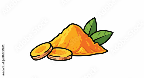 Golden spice powder with sliced roots and green leaves