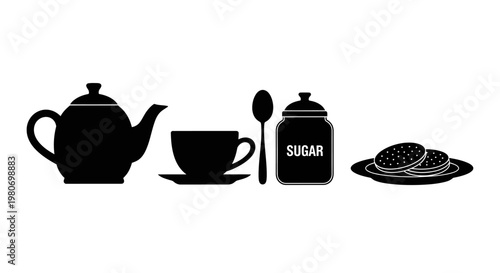 Black silhouette of breakfast tableware set.