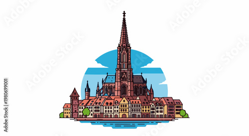 Stylized city skyline with a prominent gothic cathedral and river