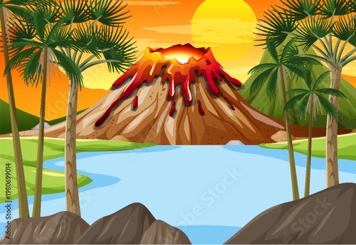 Fiery volcanic landscape with erupting crater and flowing lava at dusk.