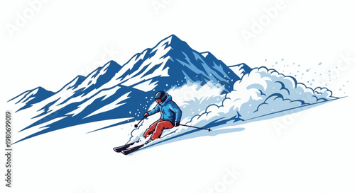 Snow skier carving down a mountain, kicking up powder