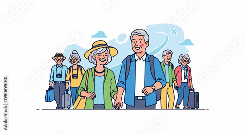 Smiling elderly group with luggage ready for a travel adventure