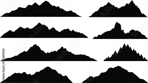 Collection of eight black mountain range silhouettes  mountain silhouette