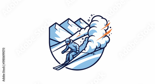Dynamic illustration of a skier descending a snowy mountain slope