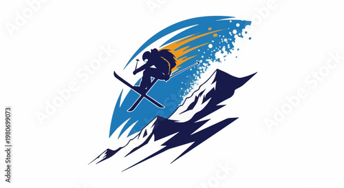 Stylized skier in mid-air, skiing down a mountain, leaving a spray of snow