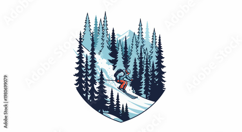 A skier descends a snow-covered mountain slope through a forest