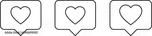 Three social media notification thin line icons featuring heart symbols inside speech bubbles for likes, love, and online engagement feedback.