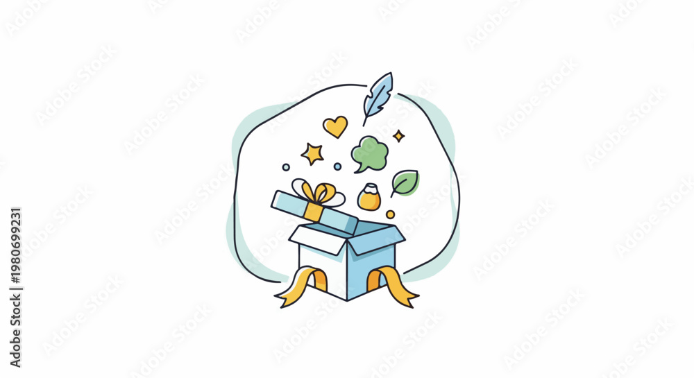 Fototapeta premium Open gift box spilling out various positive symbols and elements