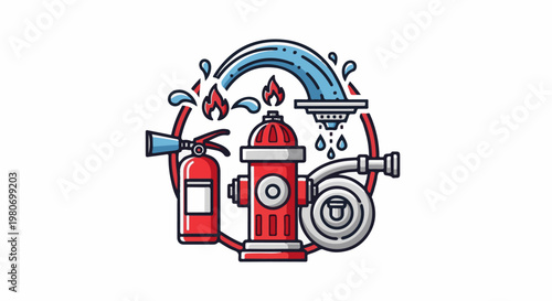 Firefighting equipment and water elements forming a circular motif