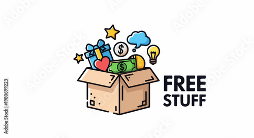 Cartoon box overflowing with gifts, money, a heart, and a lightbulb