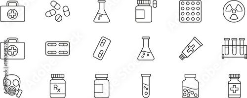 Set of medical and laboratory thin line icons featuring first aid kit, medicine bottles, pills, test tubes, and science elements.
