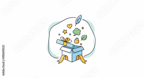 Open gift box spilling out various positive symbols and elements