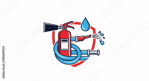 Red fire extinguisher sprays water through a blue hose, with a shield symbol