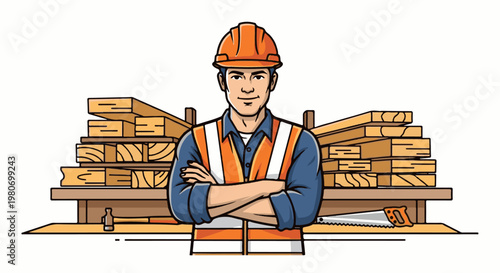 Confident carpenter with folded arms stands before stacks of lumber, tools
