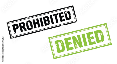 Two rubber stamps with the words prohibited in black and denied in green, symbolizing restriction and denial concepts