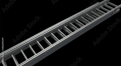 Long, industrial metal ladder angled across a black background