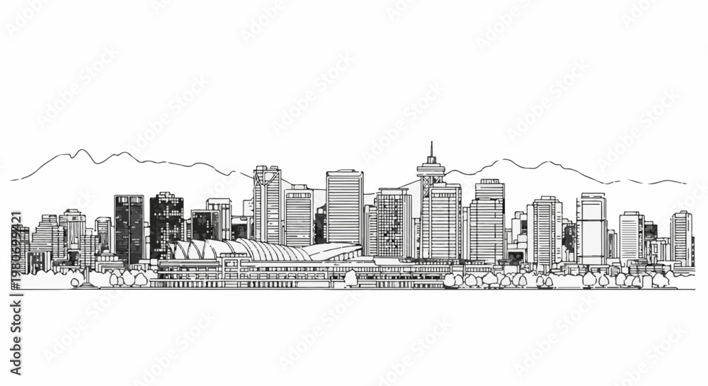 Fototapeta premium A stark monochrome sketch captures a sprawling city skyline with mountains in the background