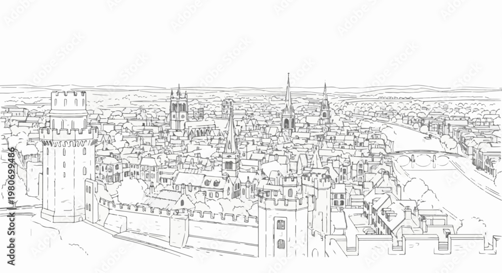 Fototapeta premium Panoramic sketch of an ancient city with a large fortified wall and river