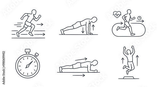 Essential military draft fitness training icons, showcasing dynamic exercise routines and physical preparedness as key military symbols for peak performance and readiness, editable simple stroke icon 