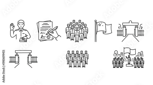 Military icons depicting military draft, public service, and national duty, including a soldier taking an oath and a crowd of people, editable simple stroke icon set, vector eps file theme