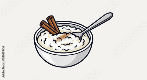 A bowl of rice pudding with cinnamon sticks and a spoon