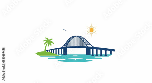 Tropical island bridge under sunny skies with a bird flying