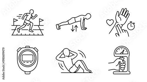 Military icon set for physical draft readiness. Icons include running, push-ups, sit-ups, pulse, and strength. Essential for military training assessment, editable simple stroke icon set, vector eps