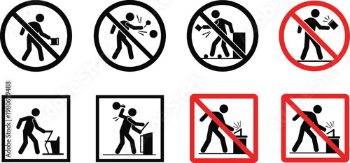 Waste disposal safety signs with pictograms showing permitted and prohibited trash bin actions for public awareness vector projects