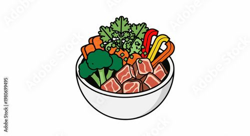 Freshly prepared bowl filled with meat, broccoli, carrots, and peppers