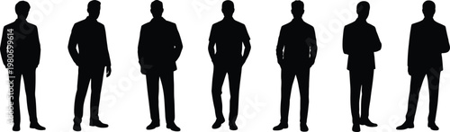 Seven black male silhouettes in various business attire standing against 