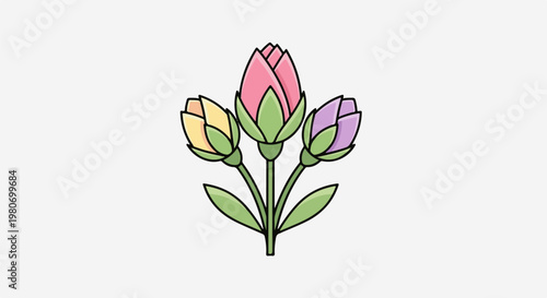 Three stylized flower buds in pink, yellow, and purple