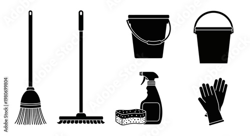 Cleaning tools and supplies collection.