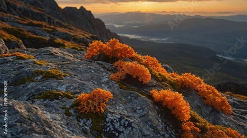 Vibrant orange lichen thriving on rocky terrain during sunset, with distant mountains and valleys