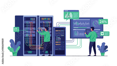 IT Specialists in Action: A pair of skilled IT specialists meticulously manage and monitor server racks, demonstrating technical expertise and precision in maintaining complex data infrastructure.