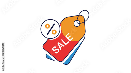 Brightly colored sale tag with percentage symbol and text indicating a discount promotion on goods or services
