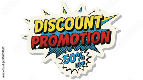 Eye-catching comic pop art style 'Discount Promotion' badge featuring '50% Off' text, perfect for sales, special offers, marketing campaigns, and attractive retail advertising