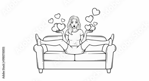 Young woman on couch with heart shapes floating around her