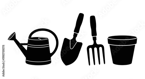 Gardening tools and equipment set.