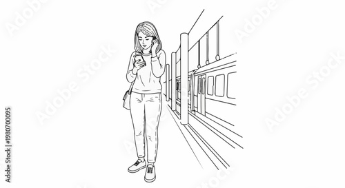 Young woman with earbuds and phone at a train station platform