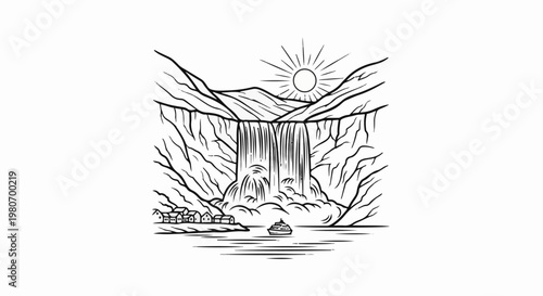 A sun shines over a cascading waterfall near a village and a boat