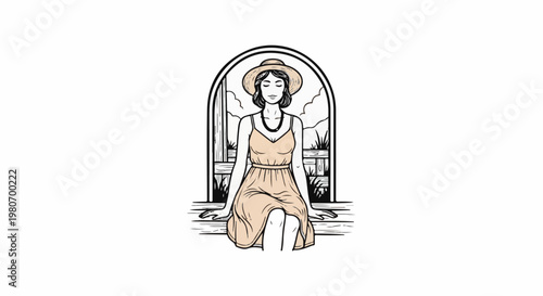 Woman in a straw hat and light dress sitting peacefully