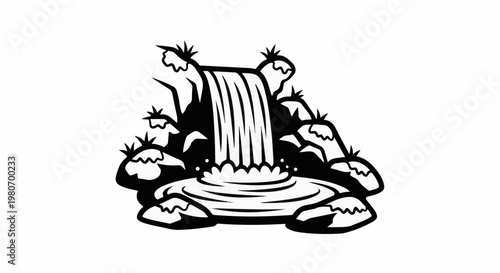 Stylized black and white illustration of a waterfall cascading into a pool