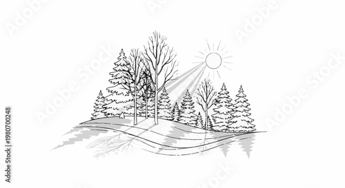 A stylized winter landscape drawing with sun, trees, and snow