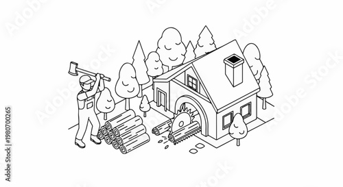 Woodcutter at work with saw and logs near a house and trees