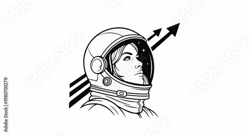 Woman in astronaut helmet looks up at stars and upward arrows
